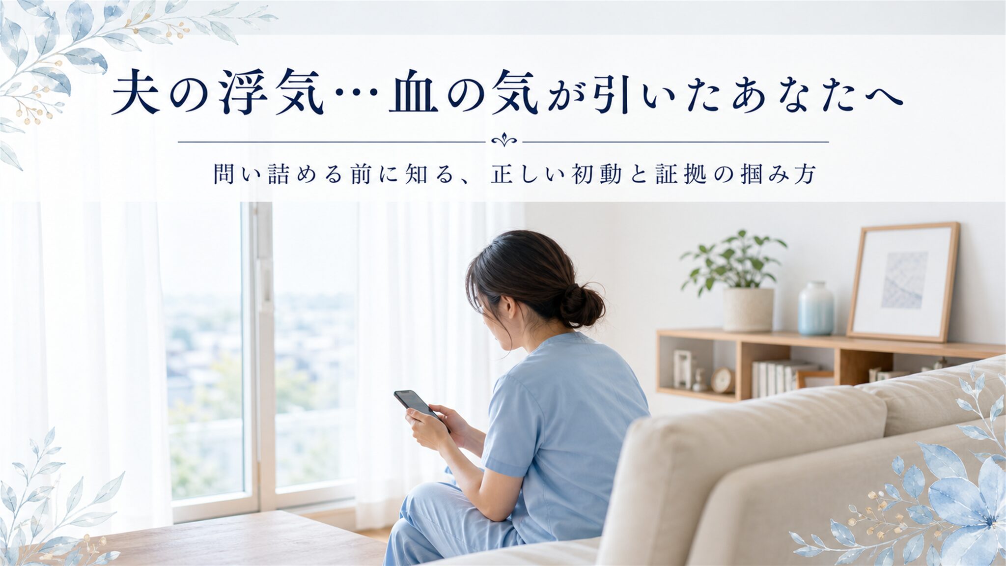 夫の浮気を疑い、夜勤明けに窓辺でスマホを手に不安げな表情を見せる30代の看護師の女性