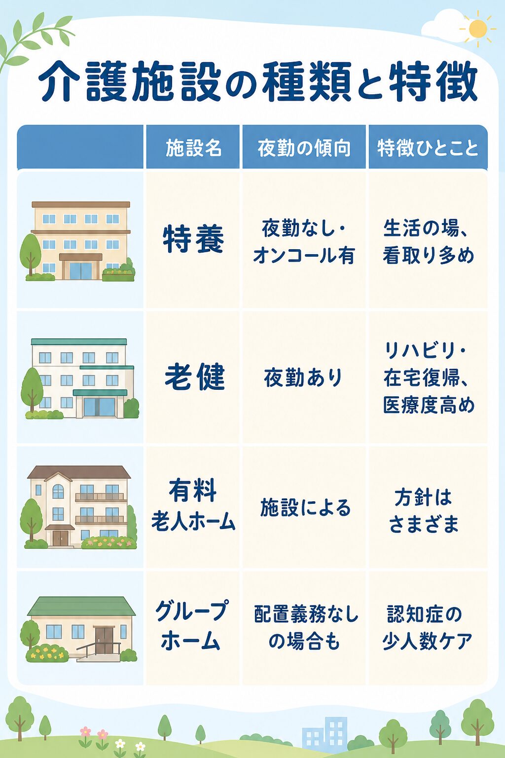 介護施設の種類と特徴(医療度・夜勤)の比較図解
