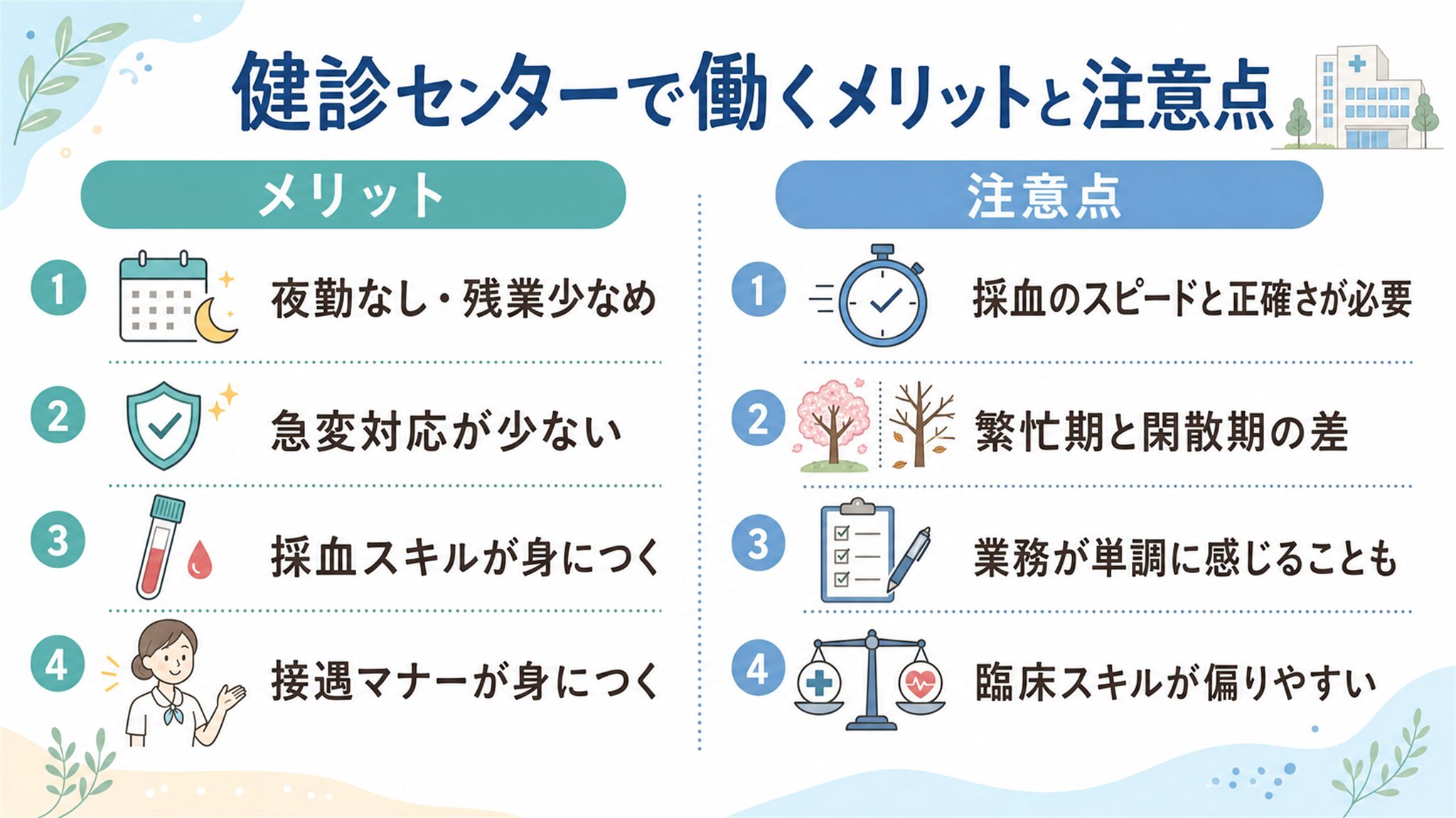 健診センターで働くメリットと注意点の図解