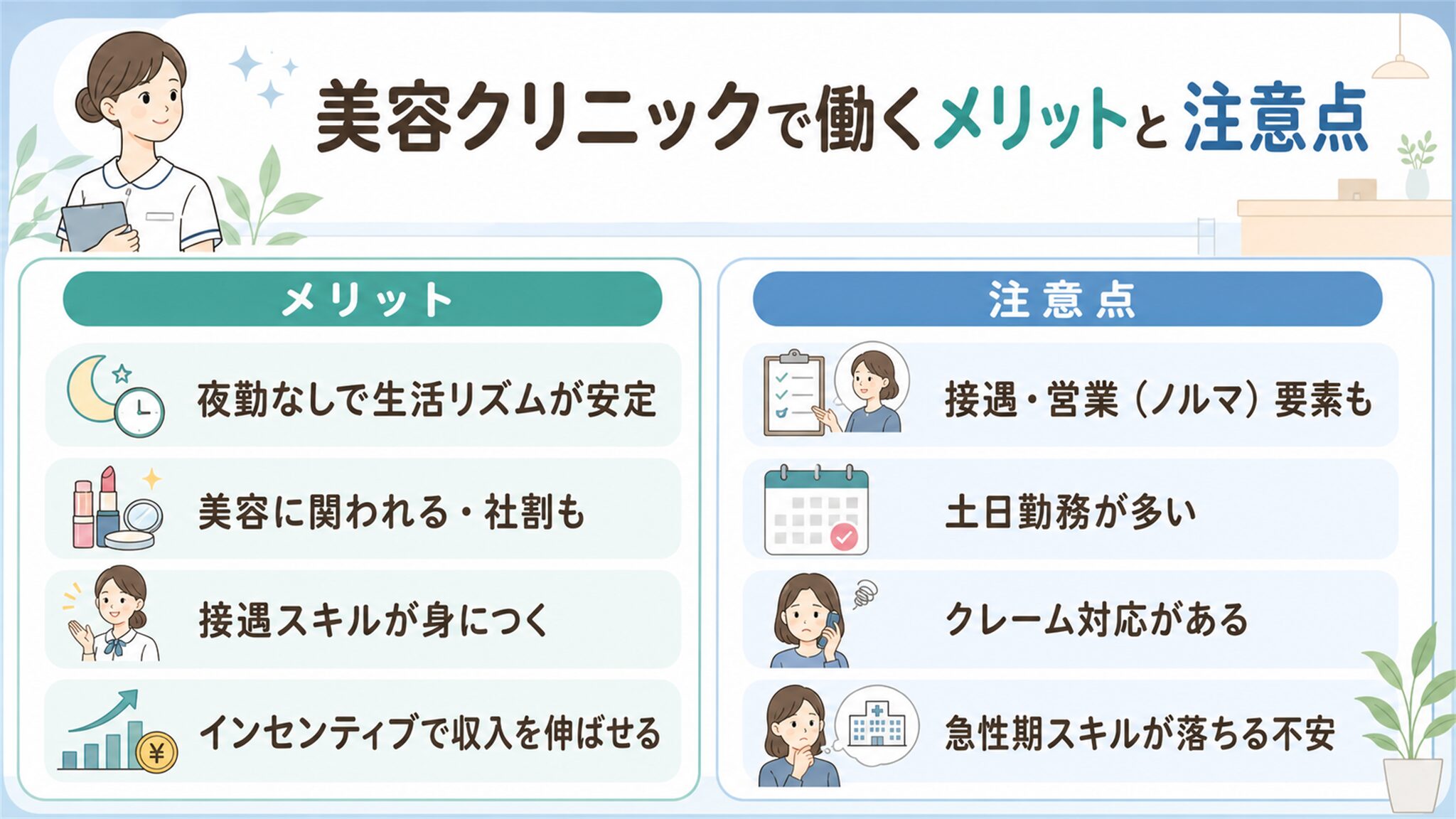 美容クリニックで働くメリットと注意点の図解