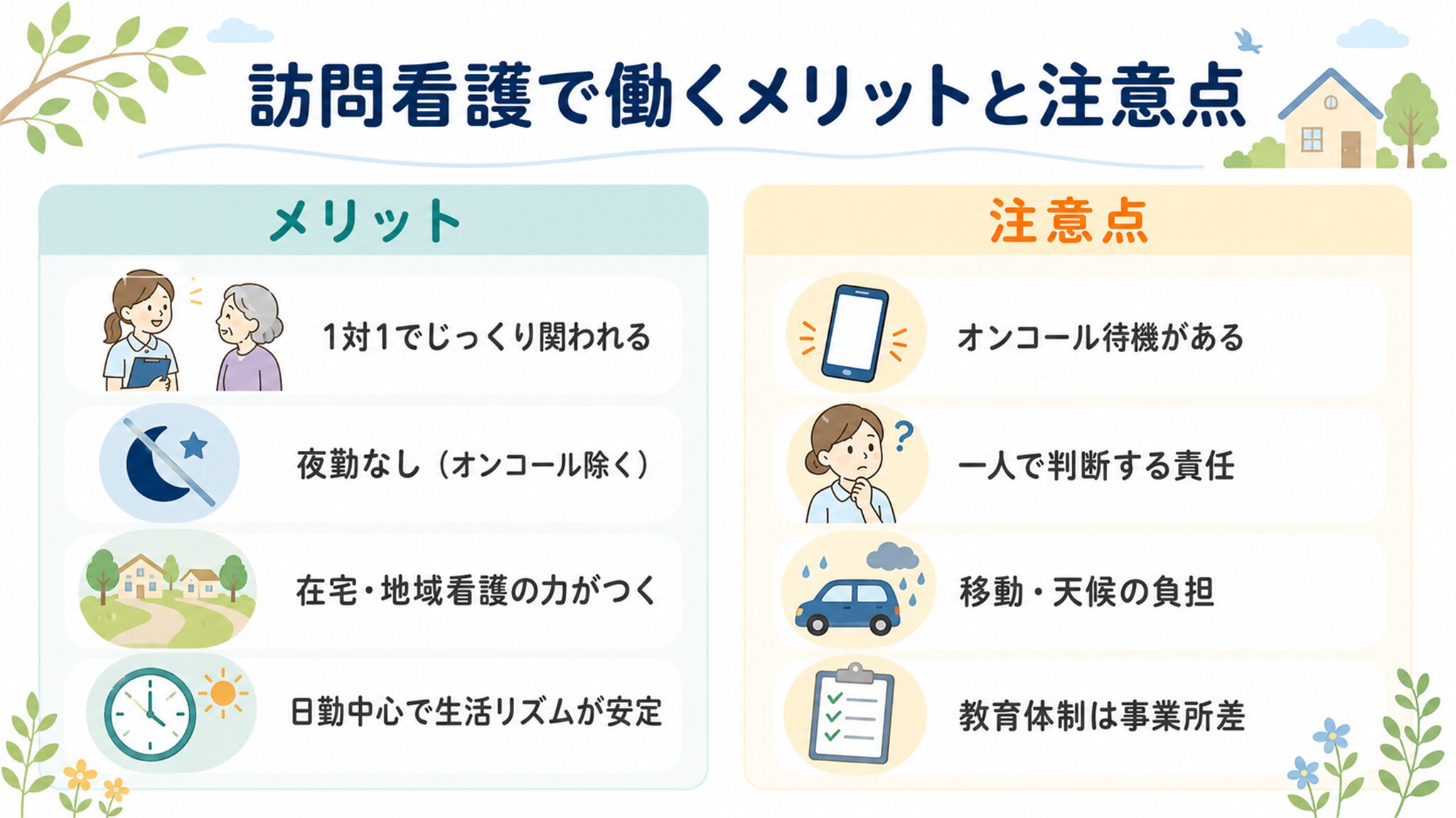 訪問看護で働くメリットと注意点の図解