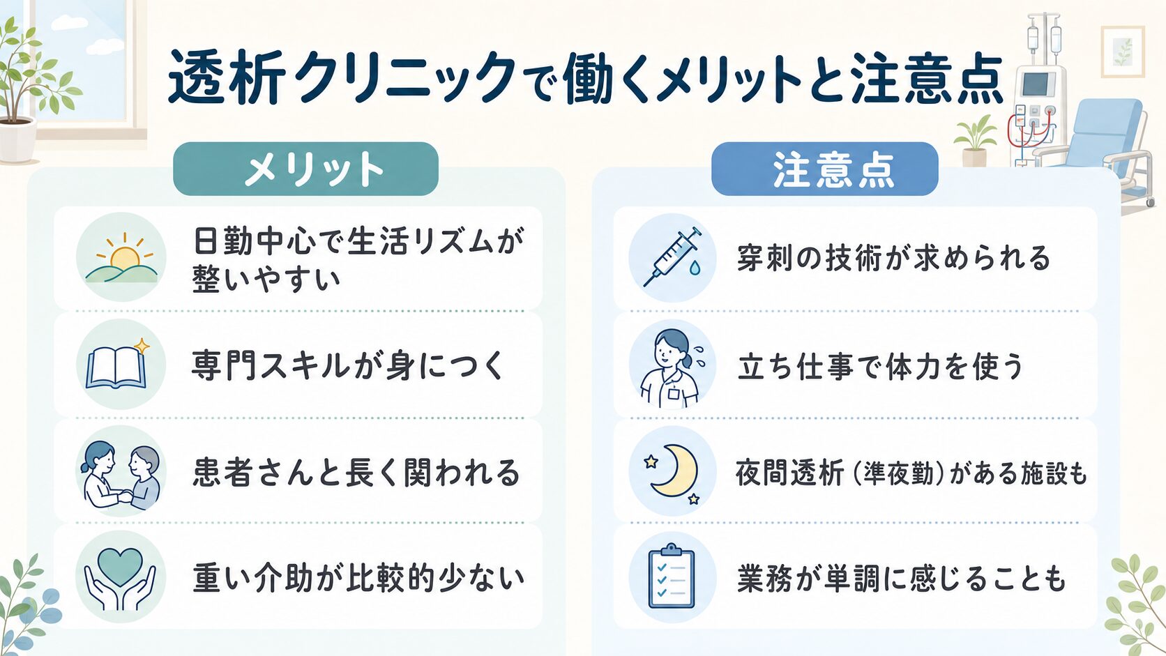 透析クリニックで働くメリットと注意点の図解