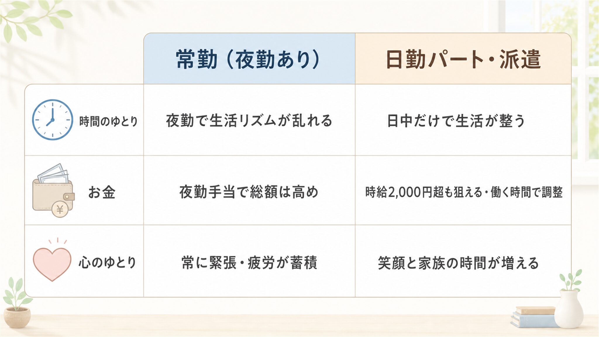 常勤(夜勤あり)と日勤パート・派遣の「時間・お金・心のゆとり」比較図