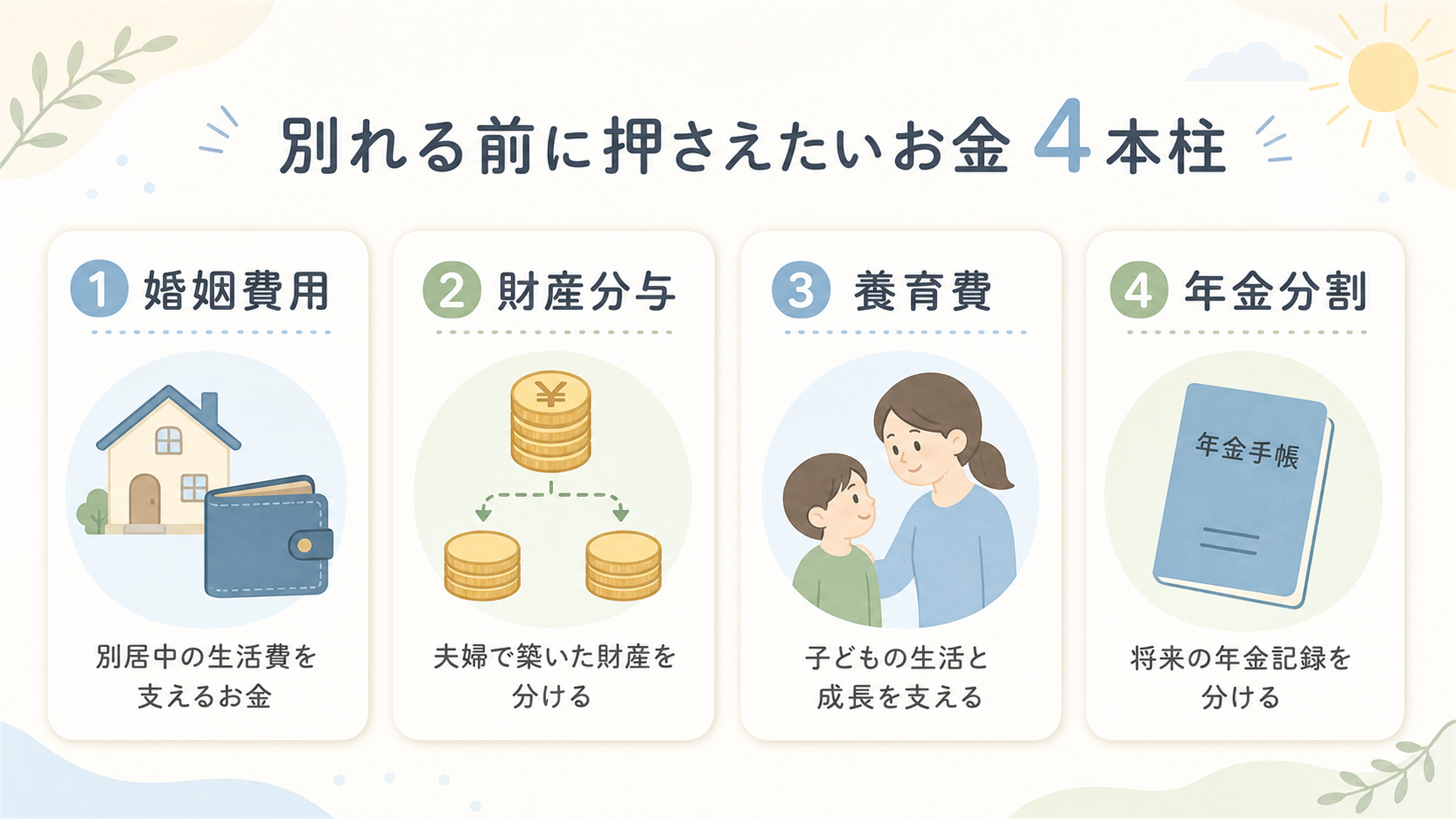 別れる前に確保したいお金の4本柱の図解