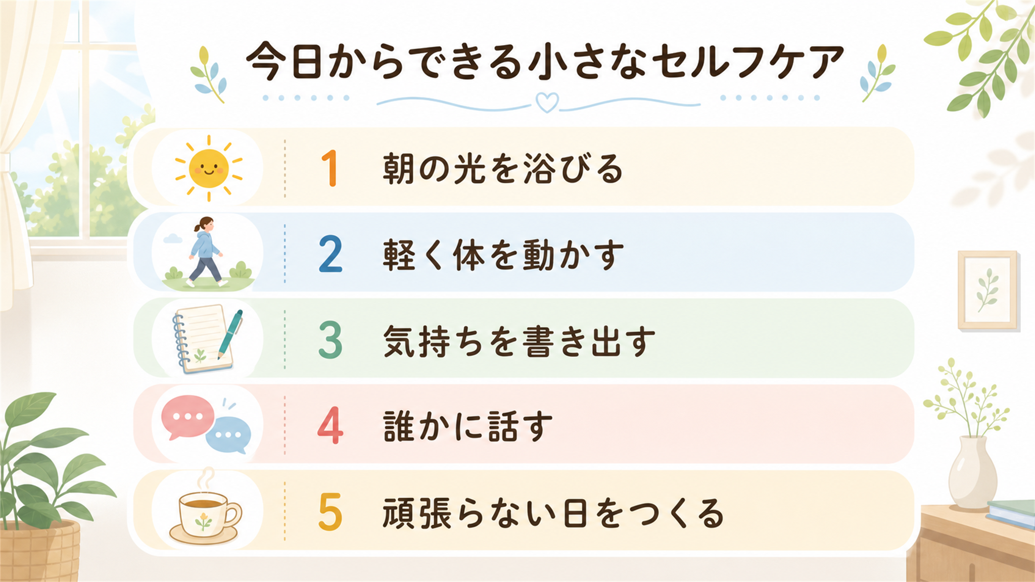 今日からできる小さなセルフケア5つの図解