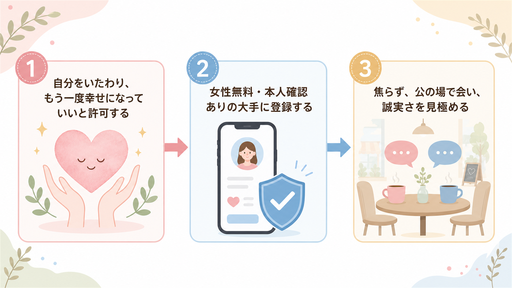 傷ついた心から幸せな再婚へ進む3ステップのフローチャート