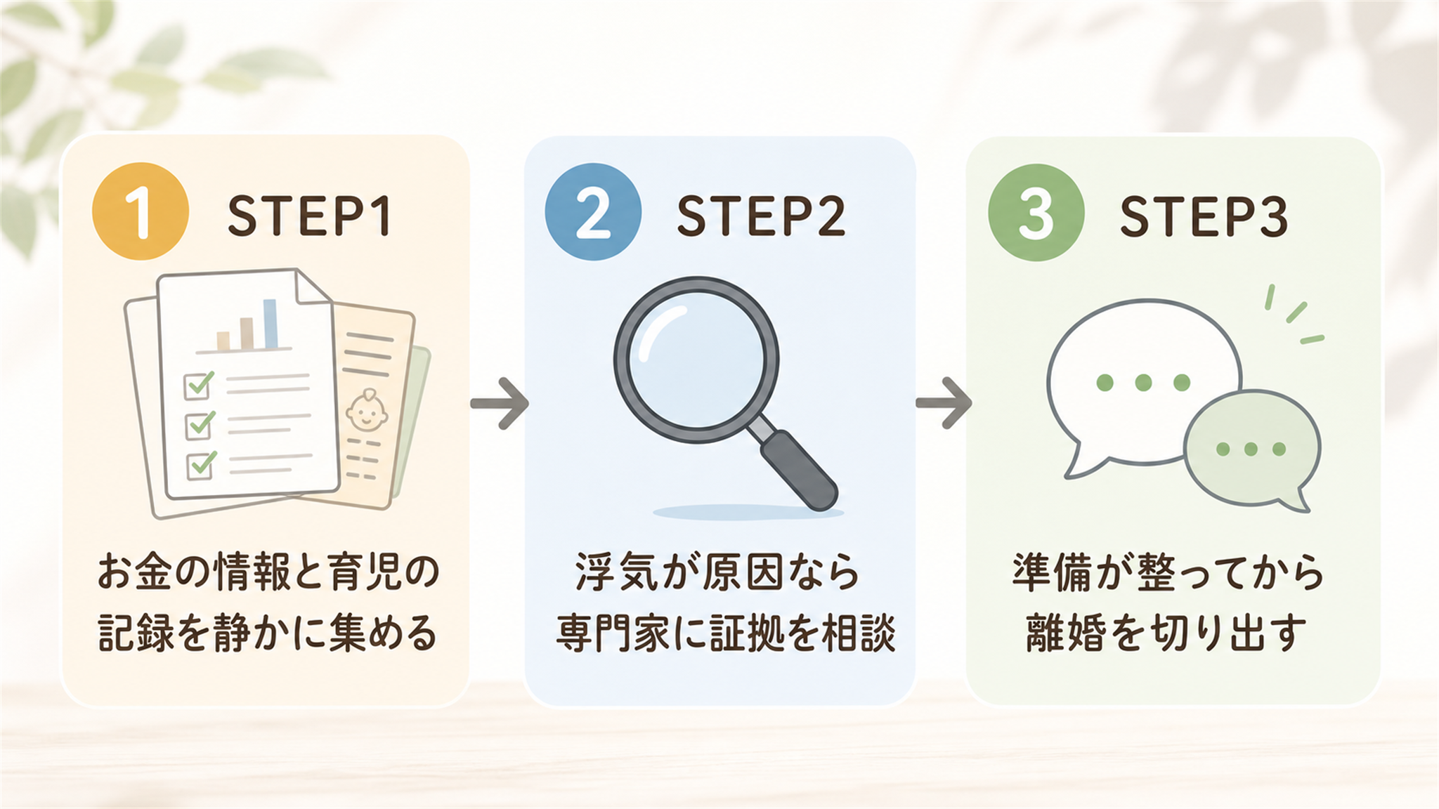 後悔しない離婚準備の3ステップのフローチャート