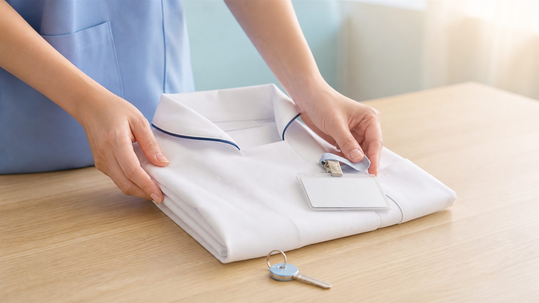 返却する制服や貸与品を手元で整理する看護師の様子