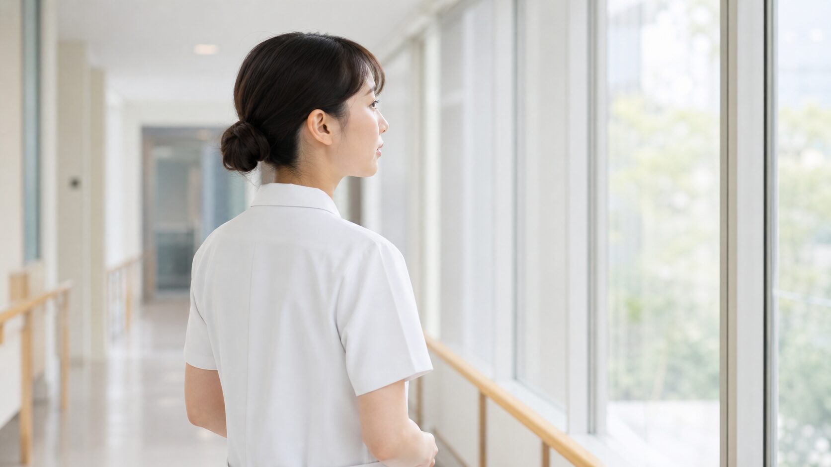 明るい病院の廊下で少し立ち止まって考える看護師