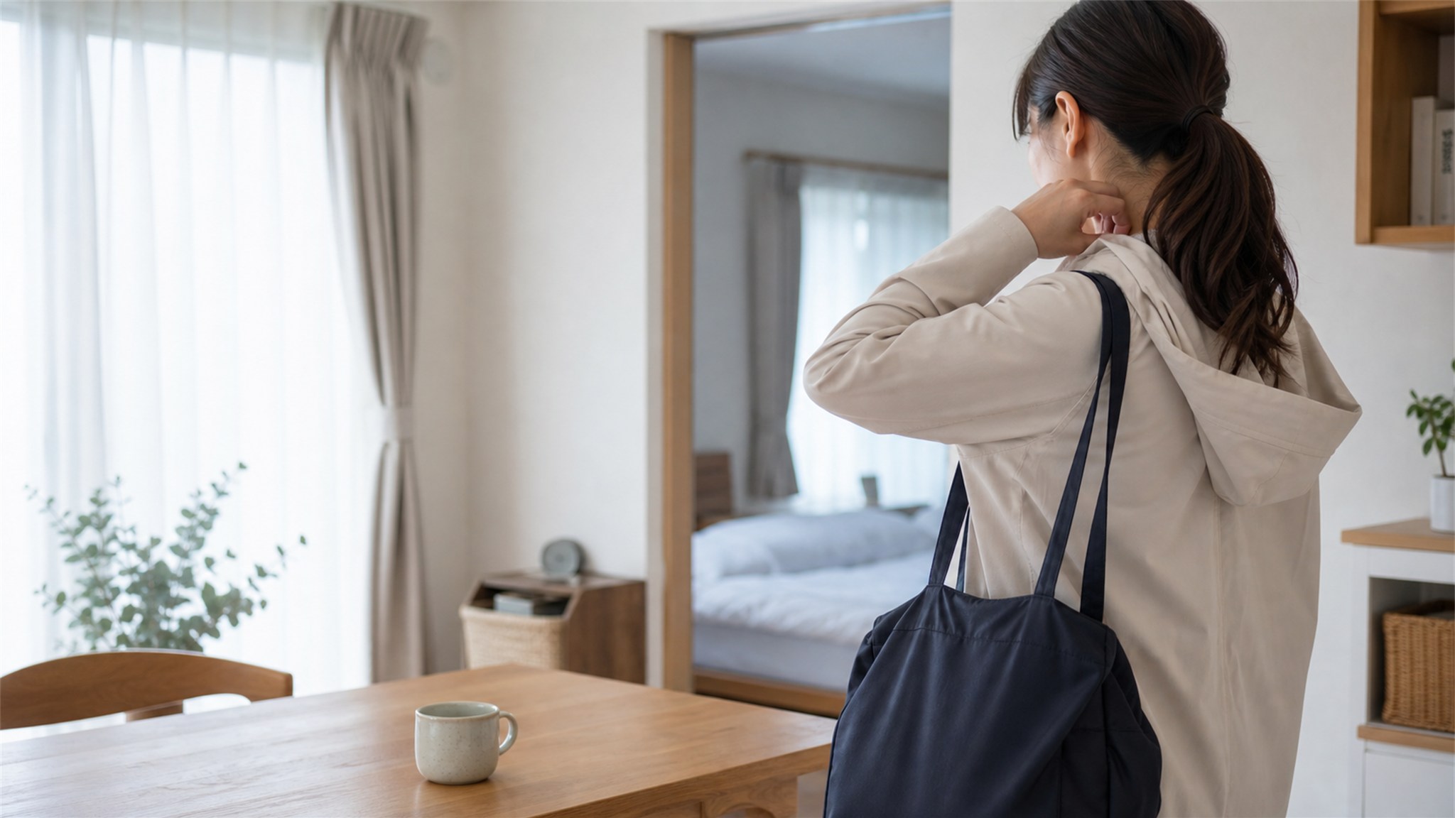 夜勤へ出かける支度をする看護師の女性と、まだ静かな早朝の家。生活のすれ違いを表す写真