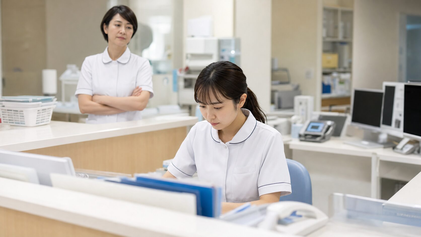 夜勤のナースステーションで、張り詰めた空気の中うつむいて働く看護師