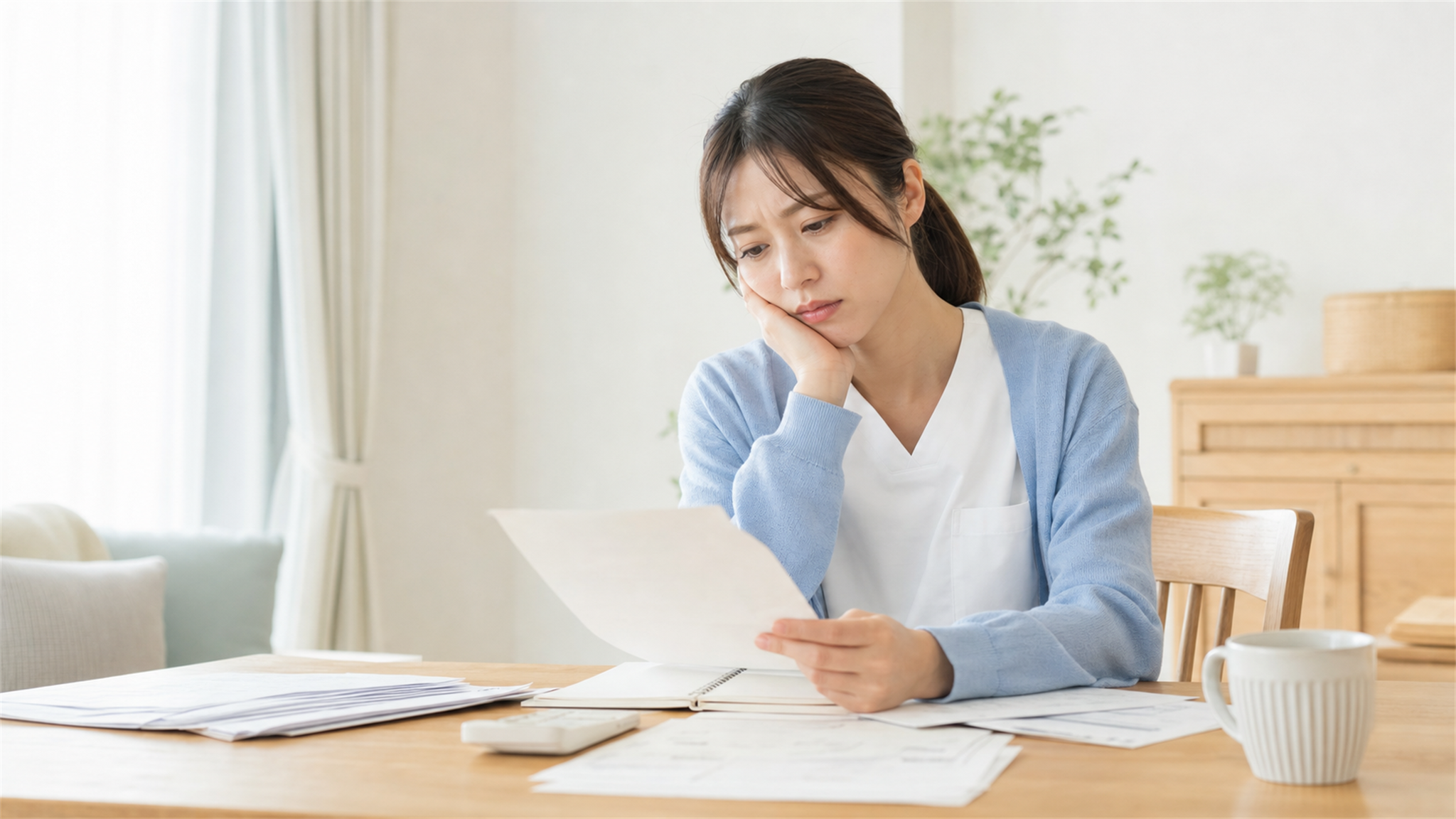 自宅で給与明細を見てため息をつく、お金の不安を抱えた看護師