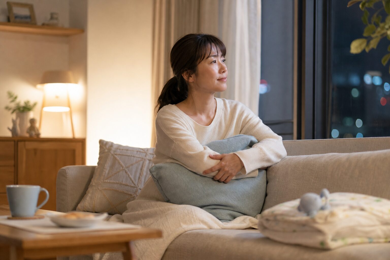 静まり返った夜の部屋で、ひとり物思いにふける看護師