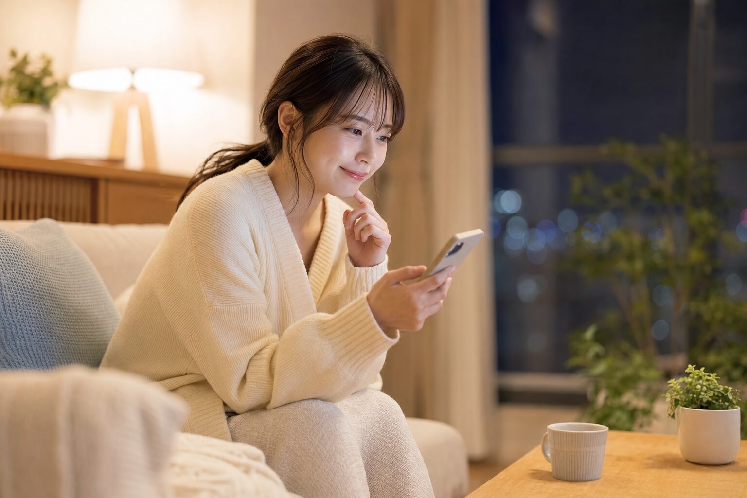 夜、子どもを寝かせたあとスマホで一歩を踏み出そうとする看護師