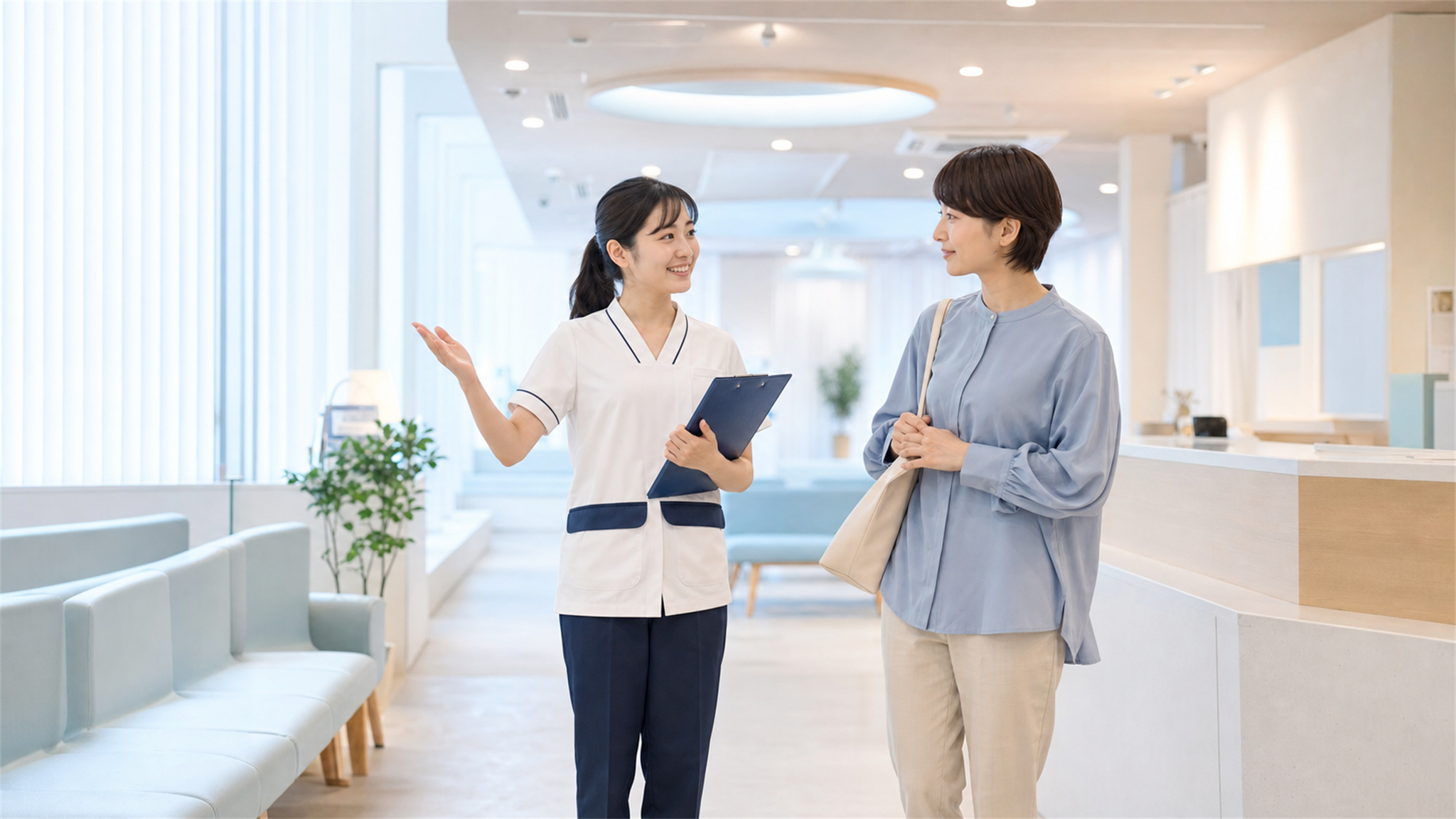 明るい健診フロアで受診者を案内・対応する看護師の様子