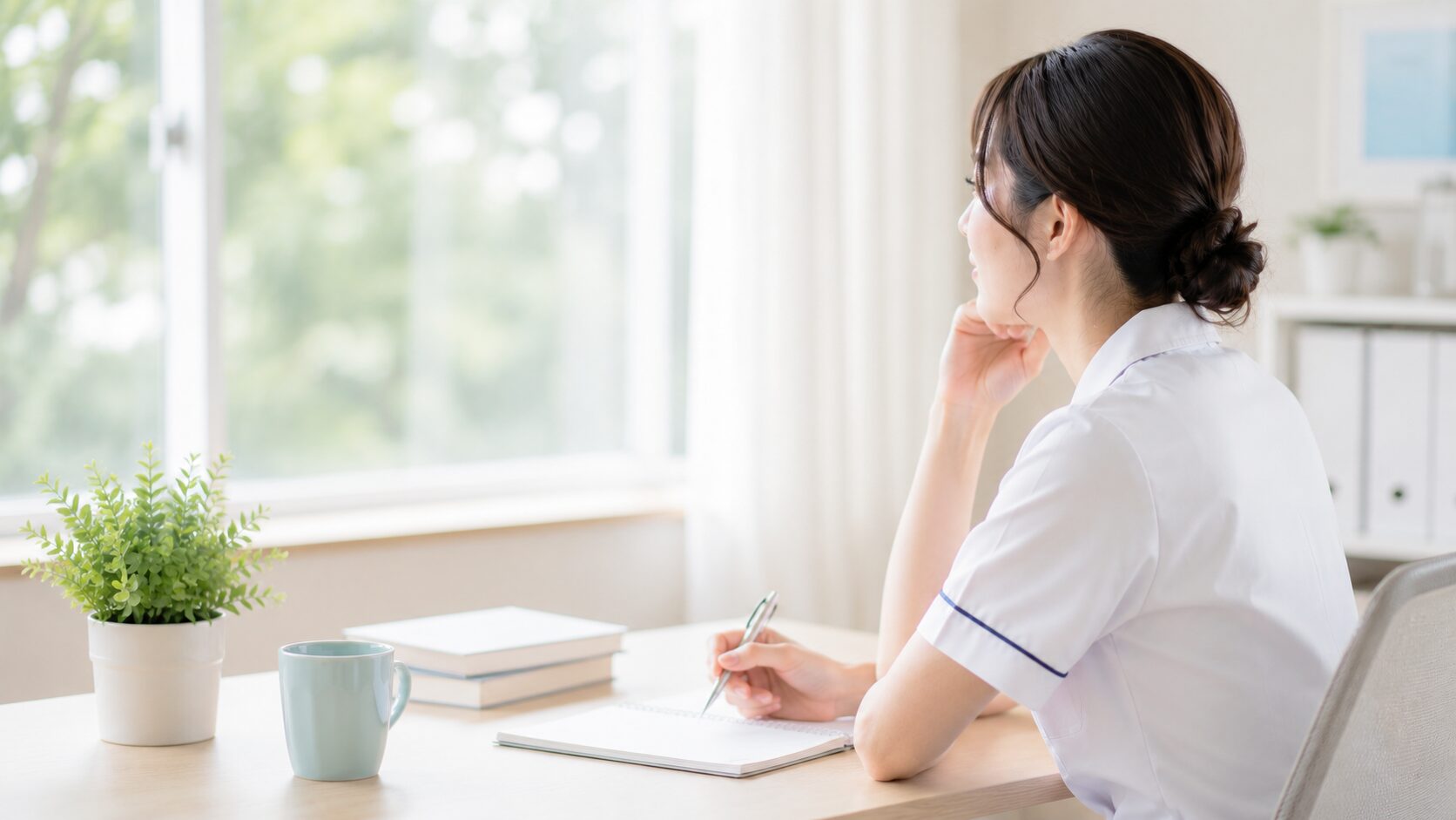 これからの働き方を穏やかに考える看護師の様子