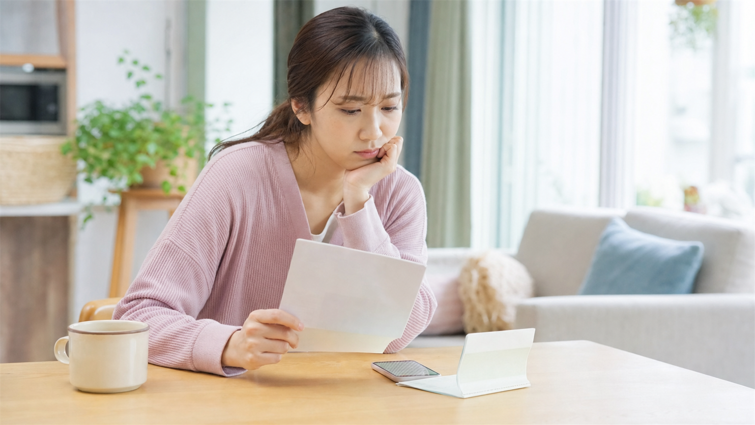 給料明細や通帳を見て、ため息をつく看護師の様子