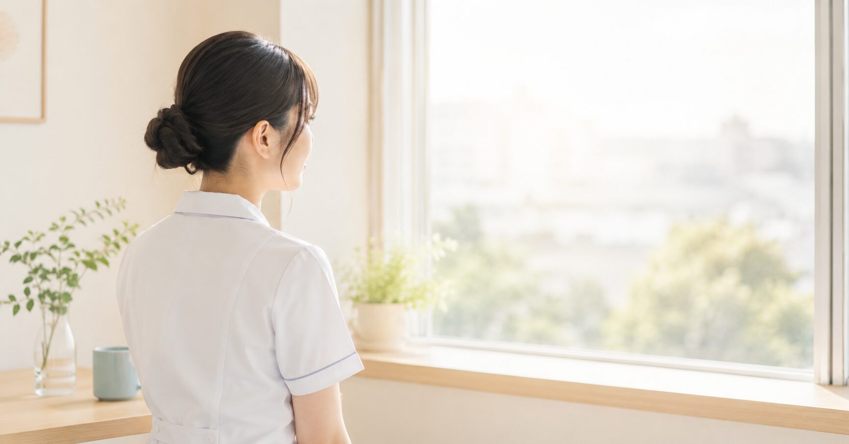 朝の窓辺でそっと佇む看護師の穏やかな様子