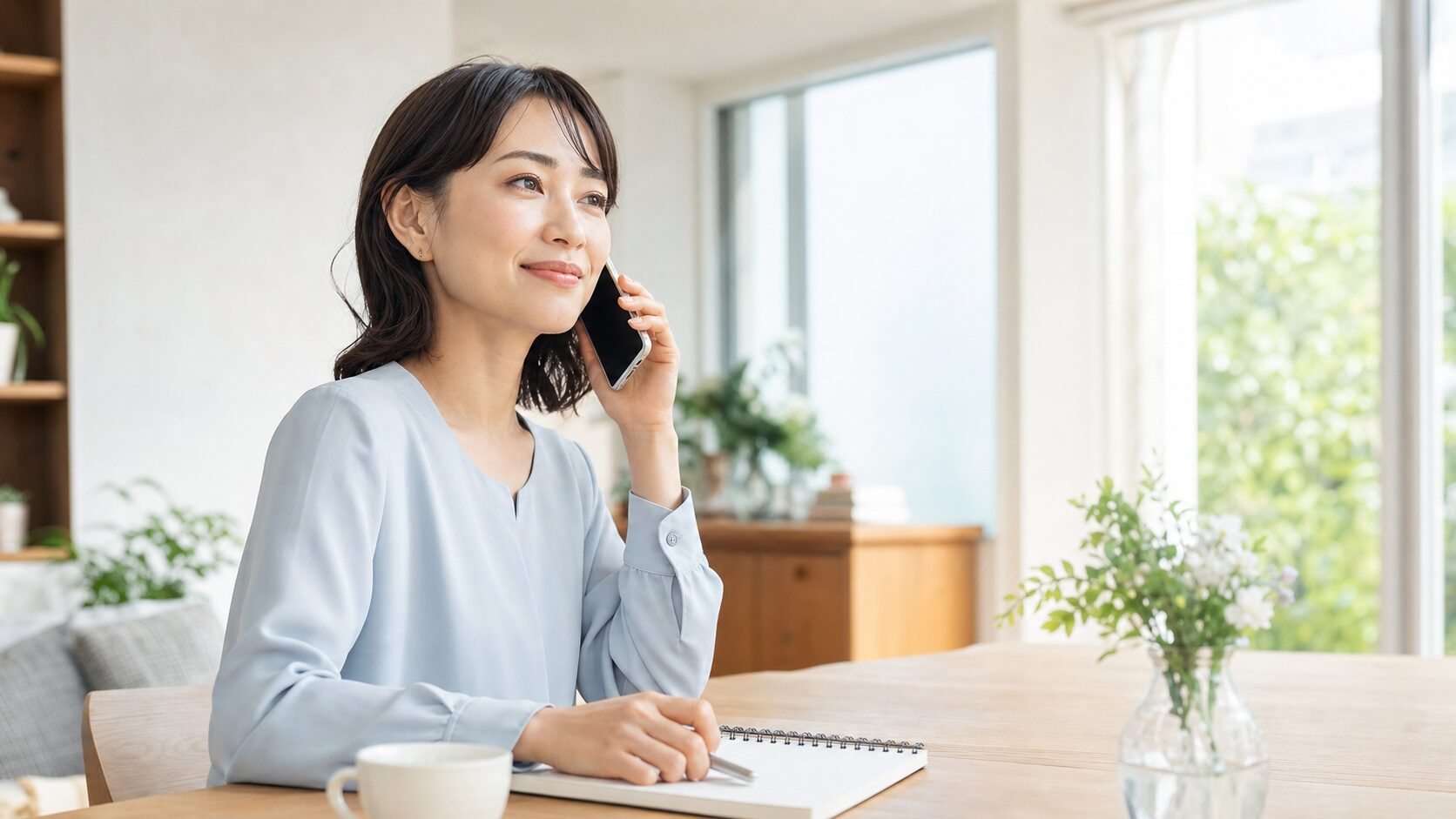 プロの無料相談に電話し、ほっとした表情でメモを取る女性。一人で抱えず相談する安心感を表す写真