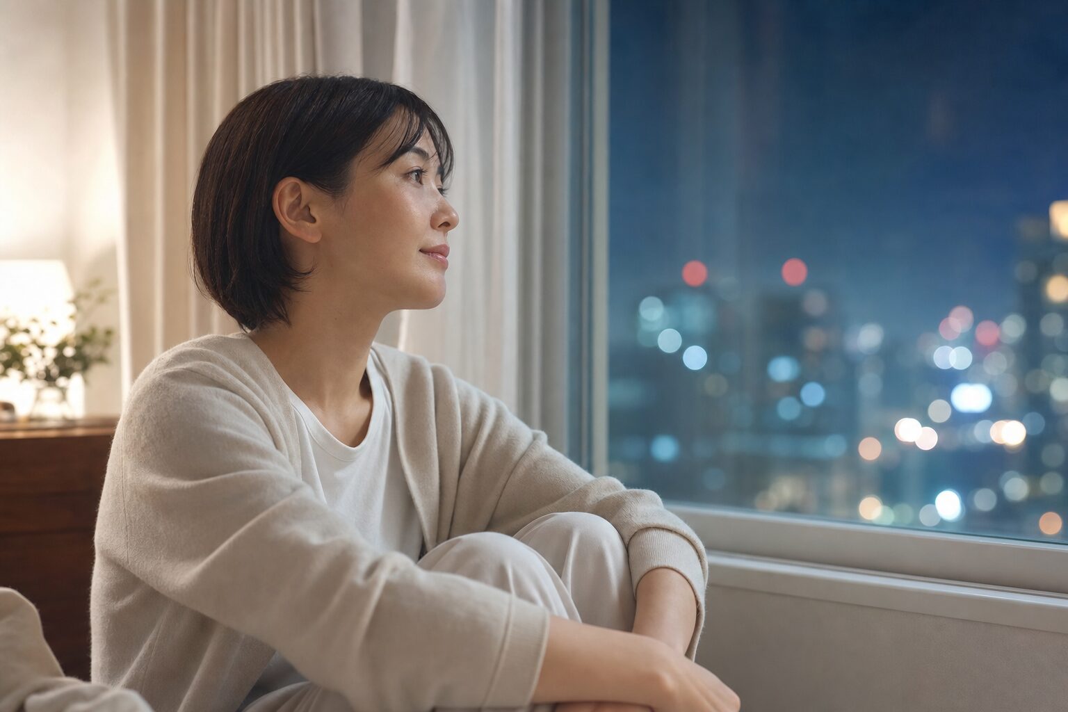 夜、窓辺で静かに過ごす女性