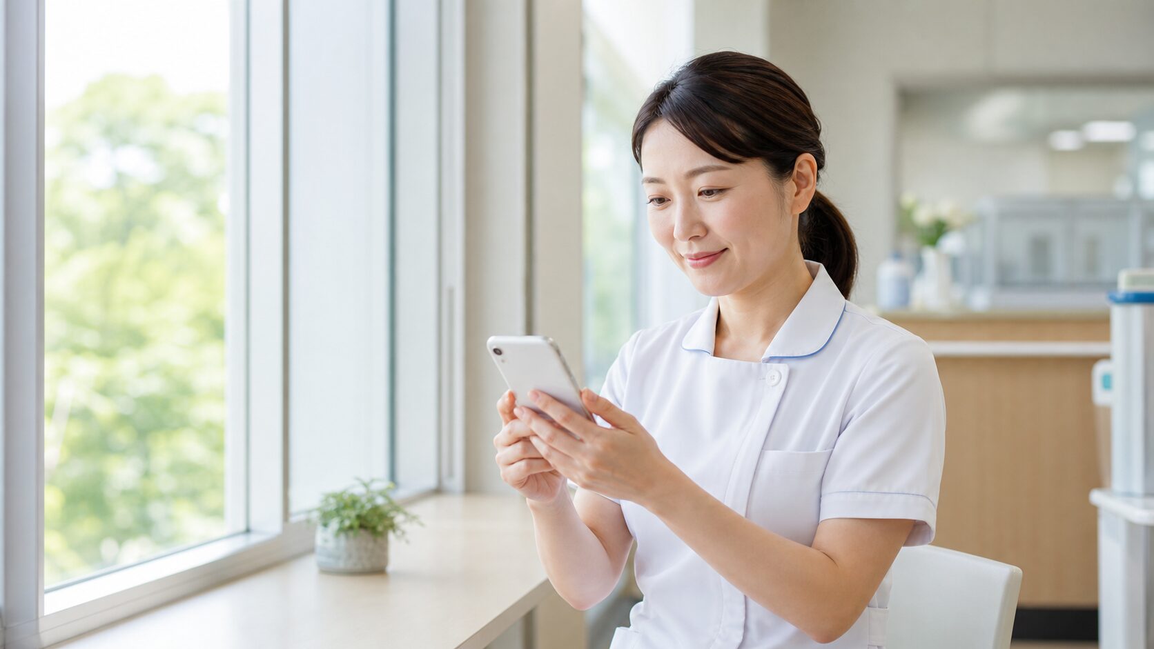窓辺でスマホを手に転職の選択肢を調べ、ほっとした表情を見せる看護師
