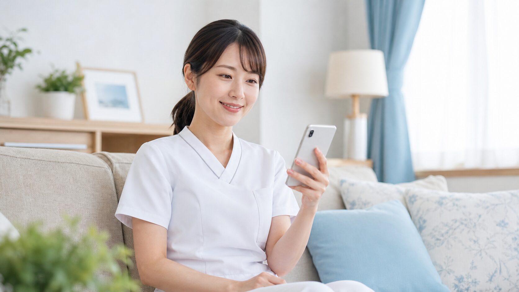 スマホで退職代行に相談し、ほっと肩の力が抜けた表情の看護師