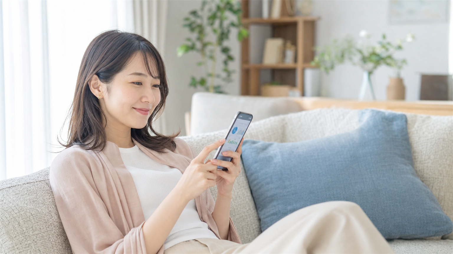 スマホ1つでスマートに資産運用を設定し、未来に安心する看護師の様子