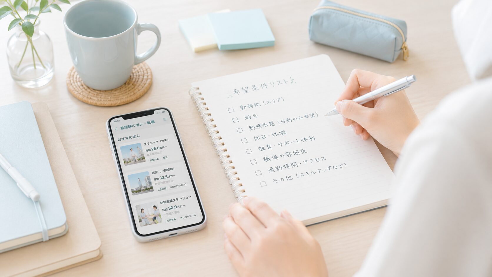 ノートに希望条件を書き出しながら転職活動を進める手元