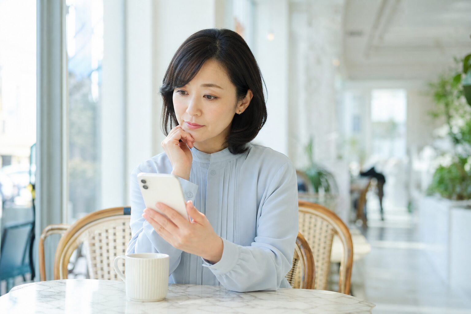 スマホのメッセージを慎重に確認する看護師