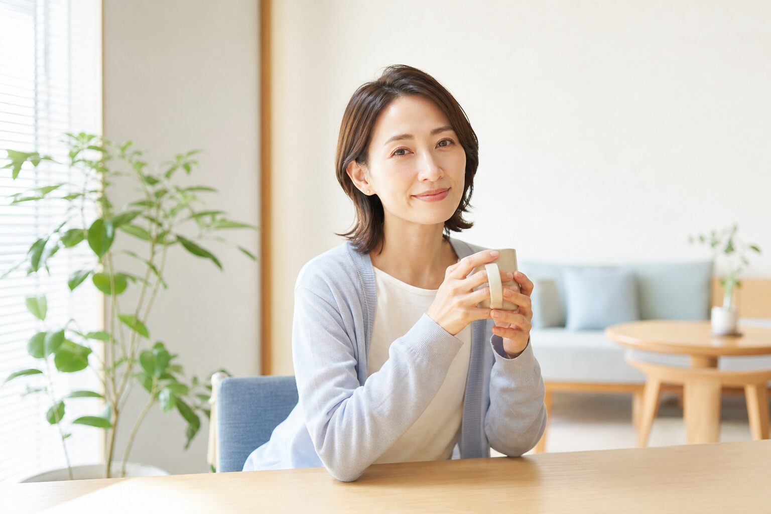 朝の光のなかで穏やかにほほえむ女性